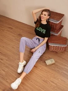 Mulvari Letter Tape Drawstring Waist Carrot Trousers - Lilac Purple - View 4