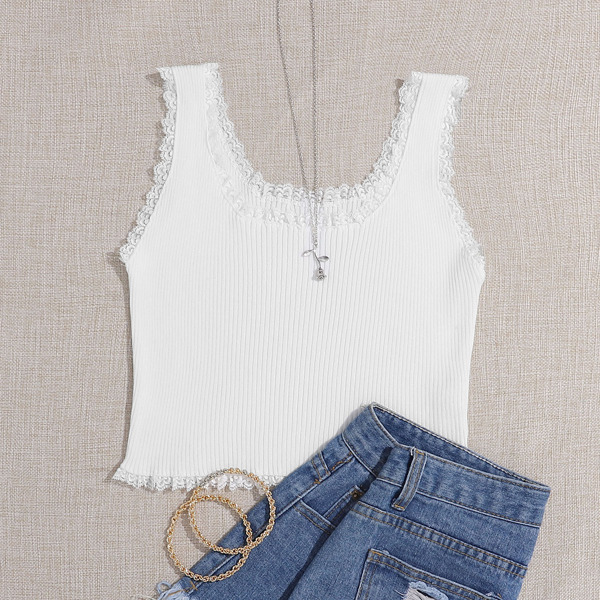 

Contrast Lace Ribbed Crop Knit Top, White