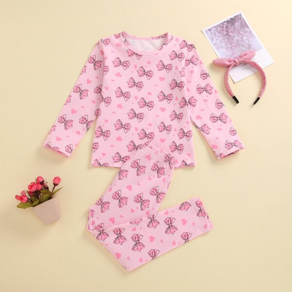 

Girls Allover Bow And Heart Print Pajama Set, Baby pink