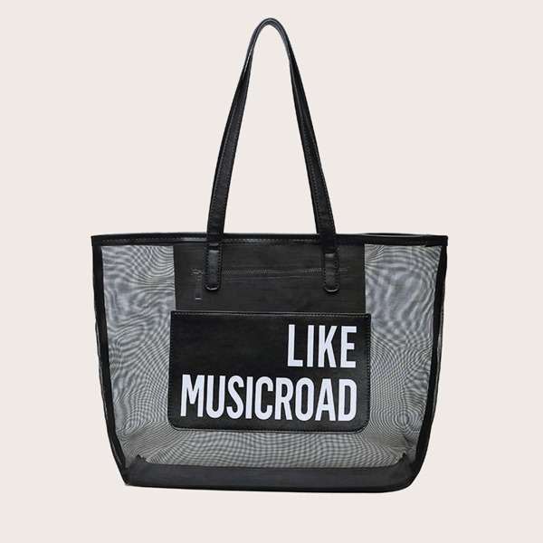 

Letter Graphic Mesh Tote Bag, Black