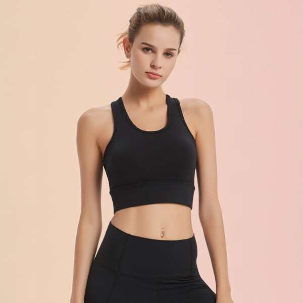 

Sheer Mesh Insert Racer Back Sports Bra, Black