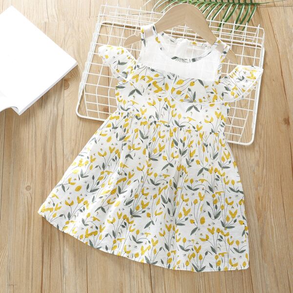 

Girls Mesh Yoke Cold Shoulder Plants Print Dress, Multicolor