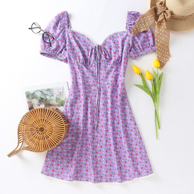 

Sweetheart Neck Tie Front Ditsy Floral Dress, Lilac purple