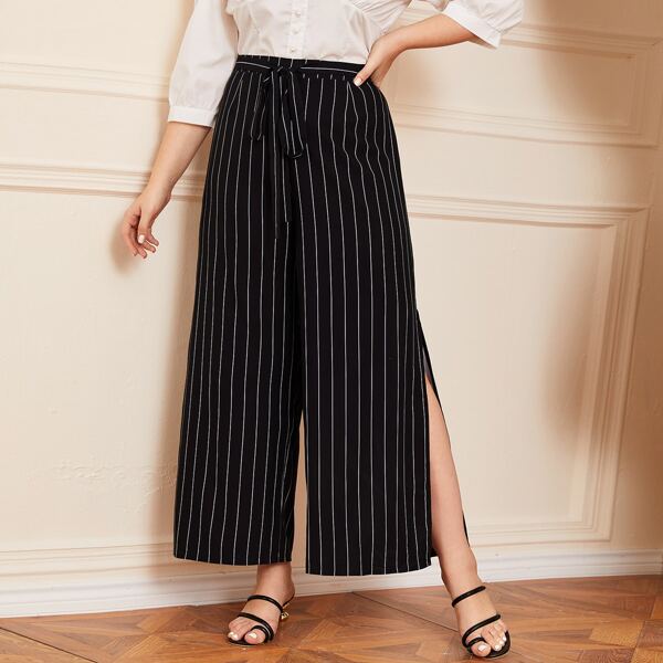 

Plus Slit Hem Stripe Belted Pants, Black