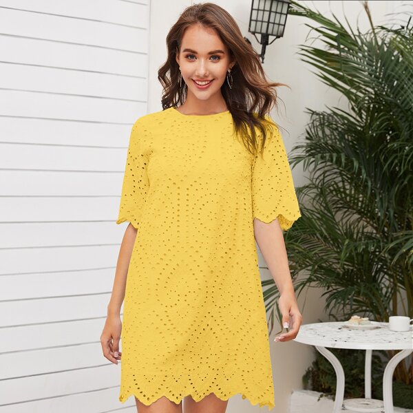 

Scallop Trim Schiffy Dress, Yellow bright