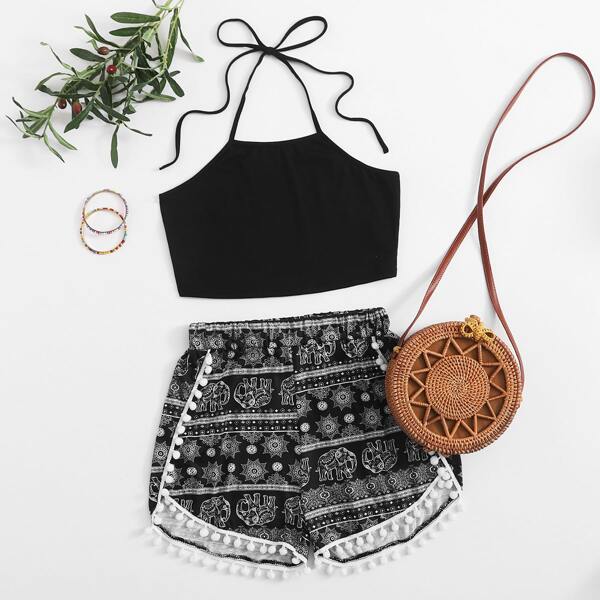 

Plus Tie Back Halter Top & Pompom Tribal Shorts, Black