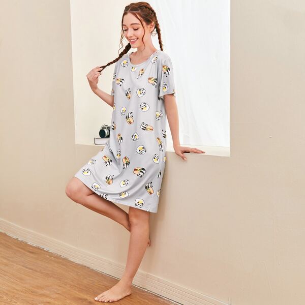 

Allover Cartoon Graphic Night Dress, Light grey