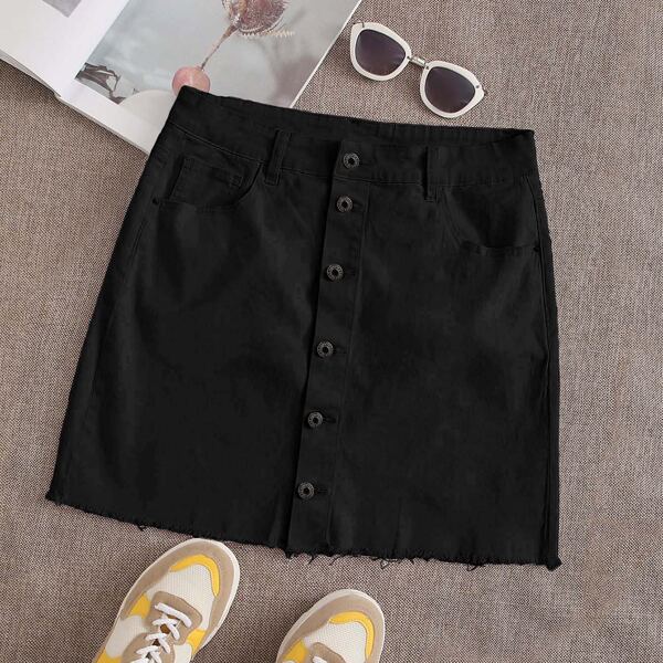 

Plus Button Through Raw Hem Denim Skirt, Black