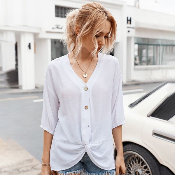

Twist Hem Button Front Blouse, White