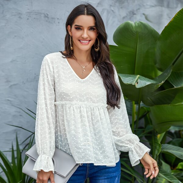 

V-neck Frill Trim Schiffy Smock Top, White
