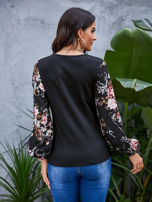 Contrast Floral Print Sleeve Top SHEIN USA