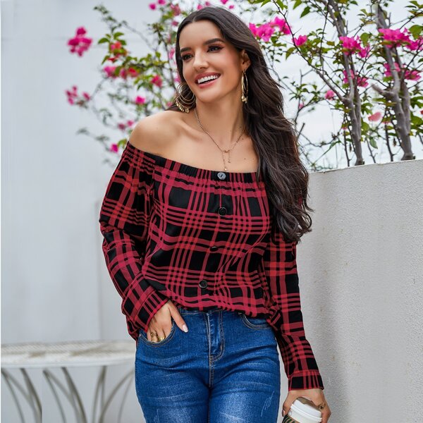 

Button Front Off Shoulder Top, Multicolor