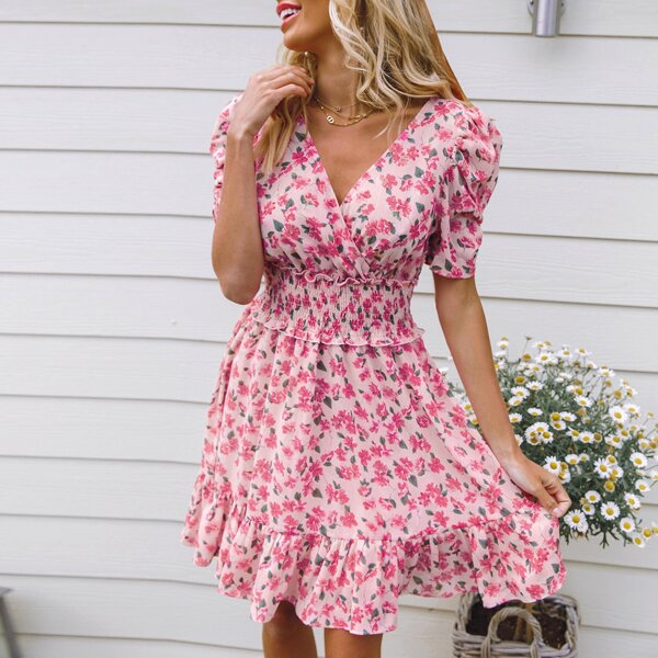 

Puff Sleeve Shirred Waist Allover Floral Print Dress, Pink