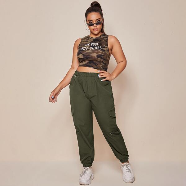 

Plus Flap Pocket Elastic Waist Cargo Pants, Army green