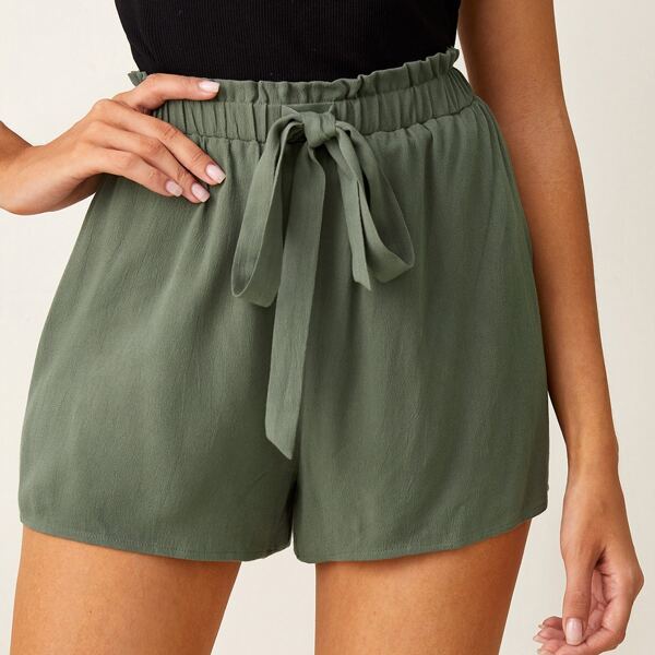 

Paperbag Waist Tie Front Shorts, Army green
