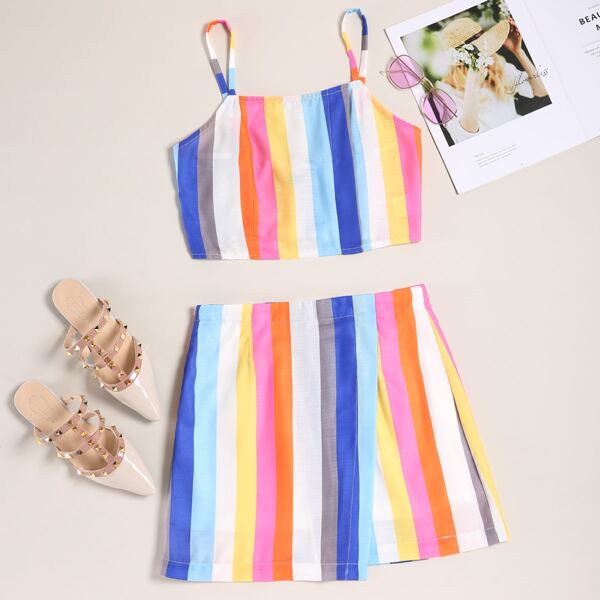 

Multi-Color Striped Crop Cami Top & Wrap Skirt, Multicolor