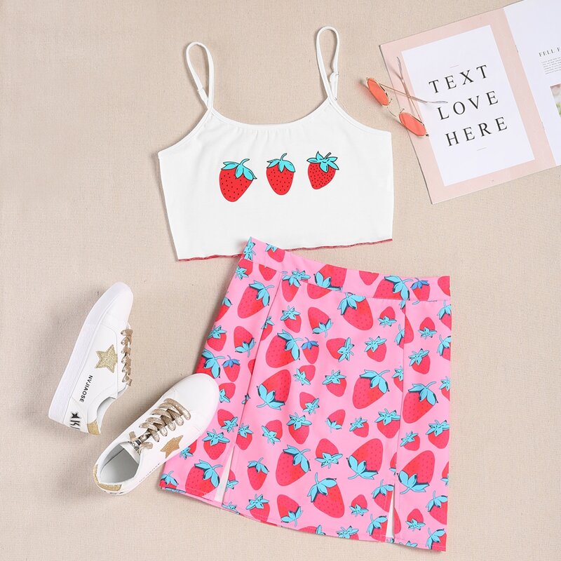 

Strawberry Print Crop Cami Top & Skirt, Multicolor