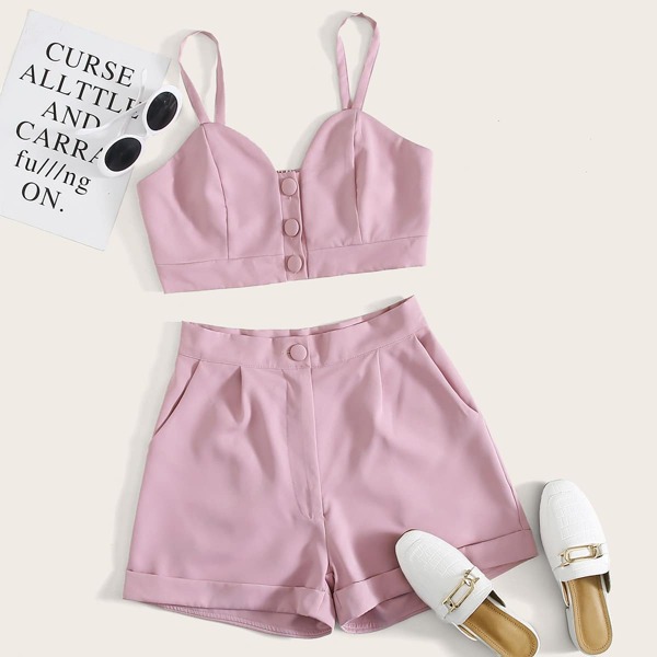 

Plus Solid Button Front Cami With Shorts, Lilac purple