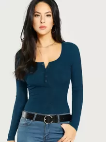 SHEIN Press Buttoned Slim Fit T-shirt - Navy Blue - View 1