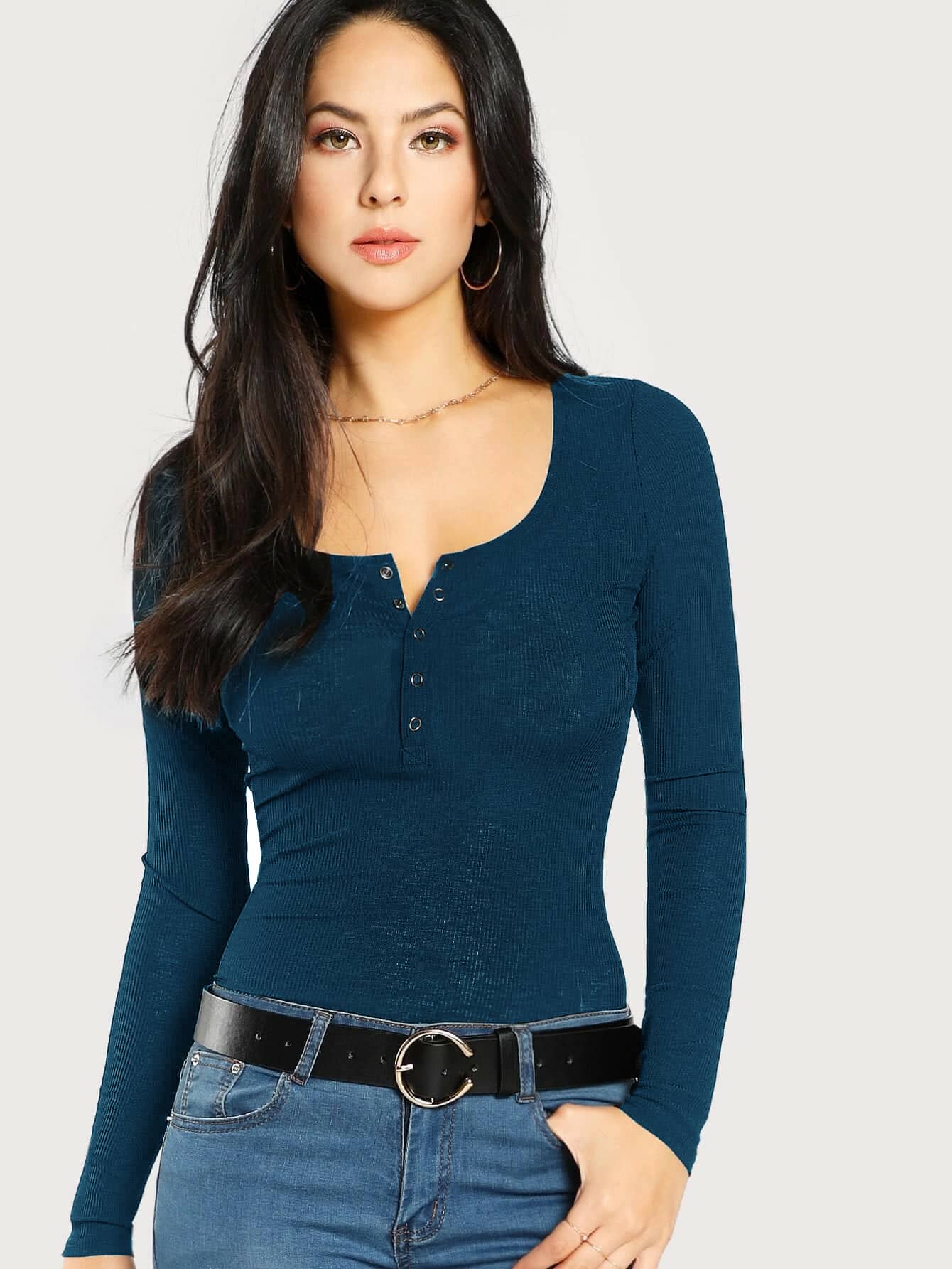SHEIN Press Buttoned Slim Fit T-shirt - Navy Blue - View 1