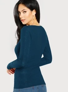 SHEIN Press Buttoned Slim Fit T-shirt - Navy Blue - View 2