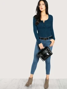 SHEIN Press Buttoned Slim Fit T-shirt - Navy Blue - View 3