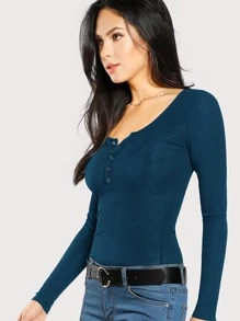 SHEIN Press Buttoned Slim Fit T-shirt - Navy Blue - View 4