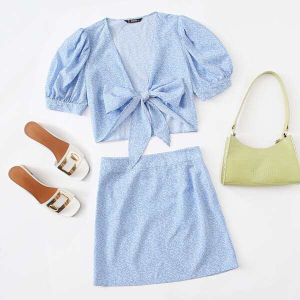 

Puff Sleeve Tie Front Allover Print Top & Skirt Set, Pastel baby blue