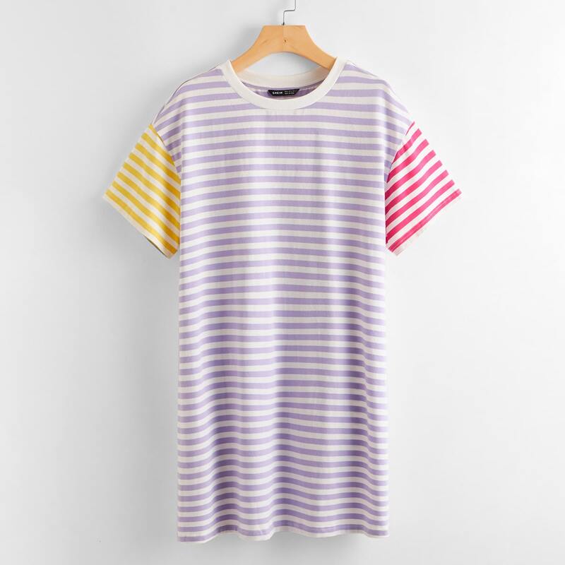 

Drop Shoulder Colorblock Striped Dress, Multicolor