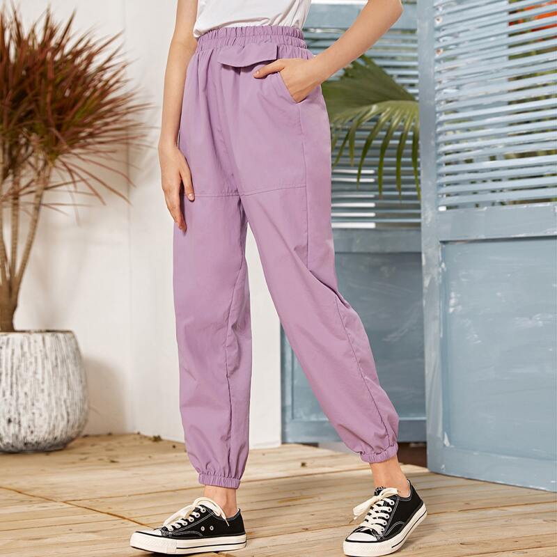 

Slant Pocket Elastic Waist Carrot Pants, Lilac purple