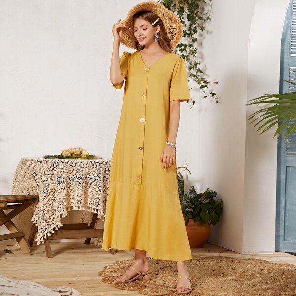 

Button Front Ruffle Hem Smock Dress, Mustard yellow