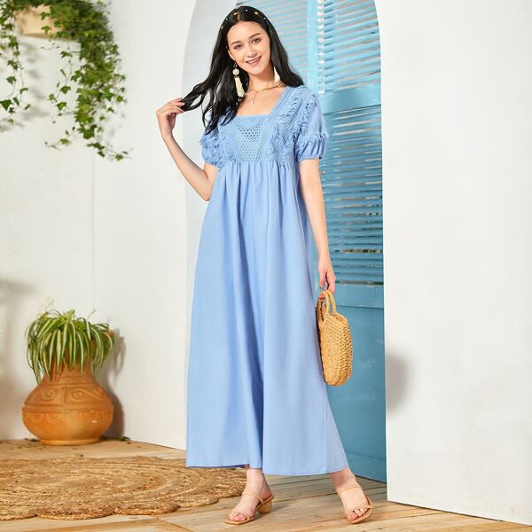 

Square Neck Burr Trim High Waist Dress, Baby blue