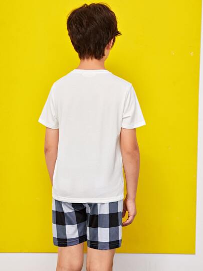 boys cartoon and letter graphic top & gingham shorts pj set