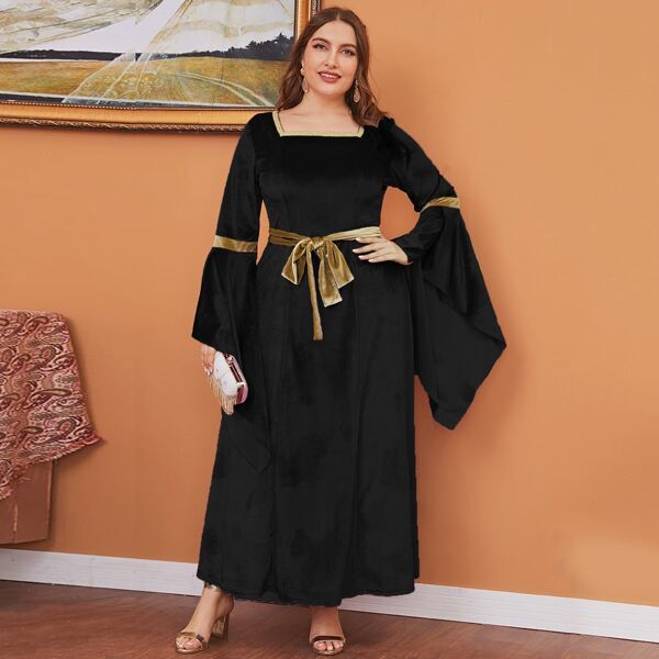 

Plus Flounce Sleeve Square Neck Belted Velvet Dress, Black