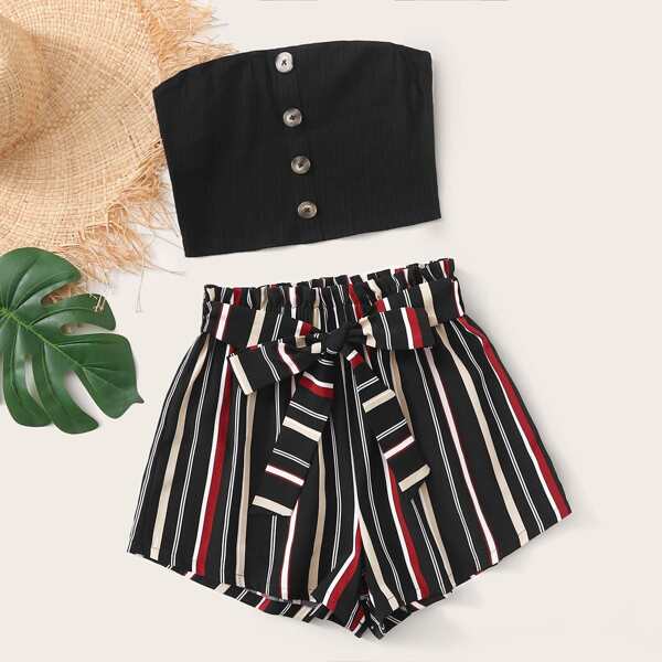 

Plus Button Front Rib-knit Tube Top & Striped Belted Shorts Set, Multicolor
