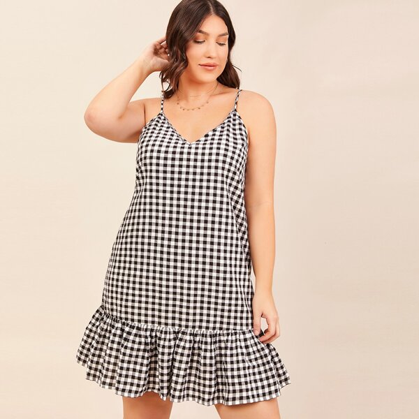 

Plus Flounce Hem Gingham Slip Dress, Black and white