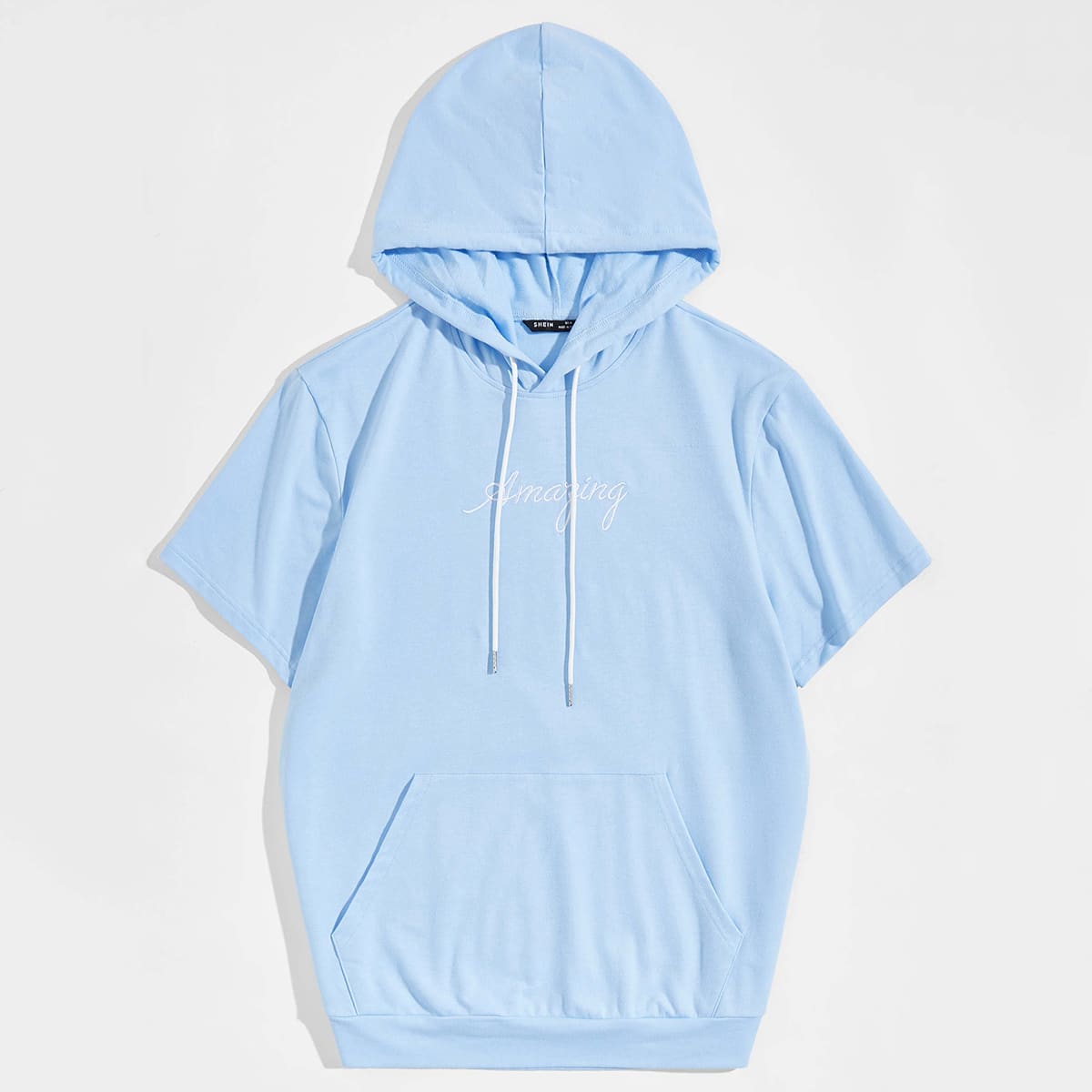 

Guys Embroidery Detail Patch Pocket Drawstring Hoodie, Pastel baby blue