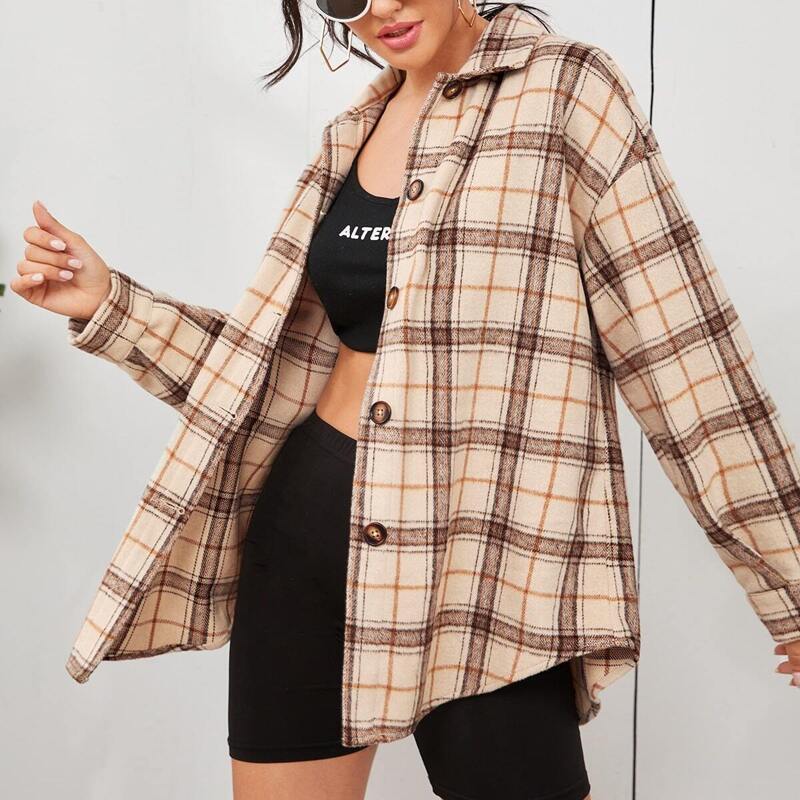 

Drop Shoulder Curved Hem Tartan Coat, Multicolor