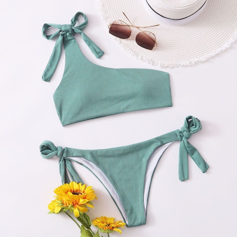 

Rib One Shoulder Tie Side Bikini Swimsuit, Cadet blue