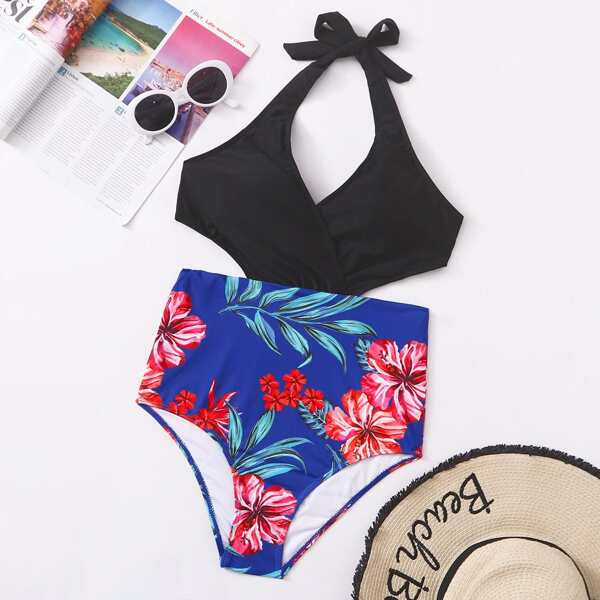 

Floral Cut-out Halter One Piece Swimsuit, Multicolor