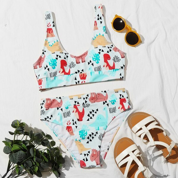 

Cartoon Dinosaur High Waisted Bikini Swimsuit, Multicolor