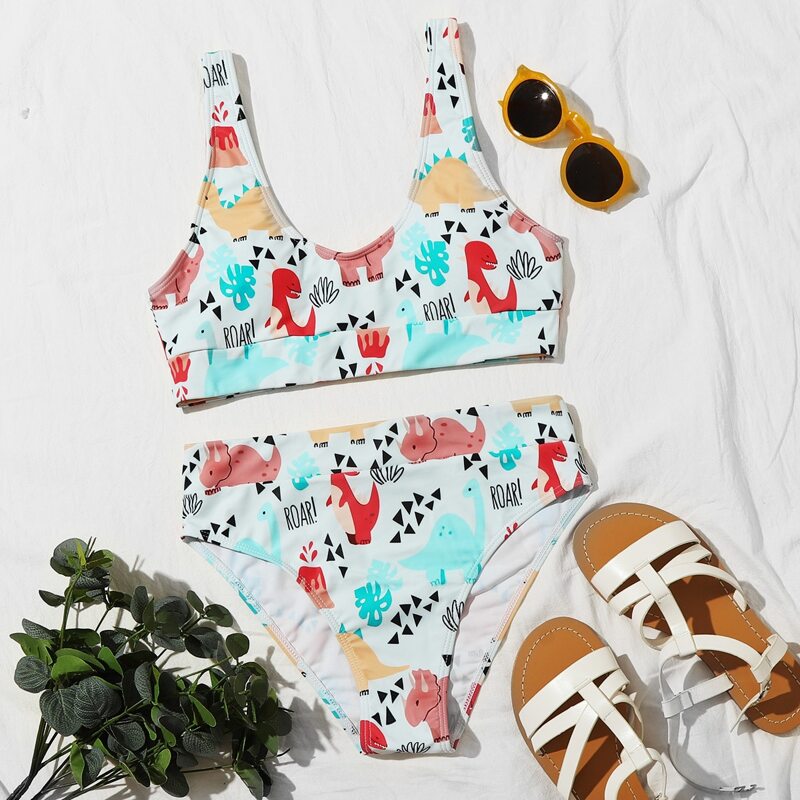 

Cartoon Dinosaur High Waisted Bikini Swimsuit, Multicolor