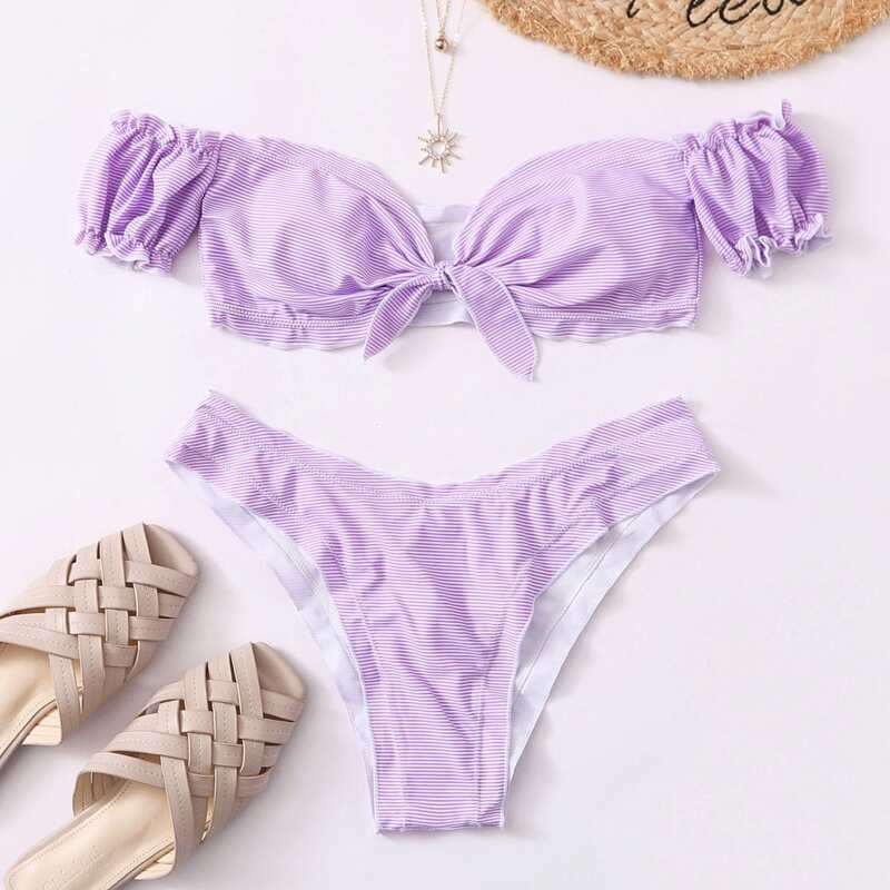

Striped Knot Front Bardot High Cut Bikini Swimsuit, Pastel lilac purple