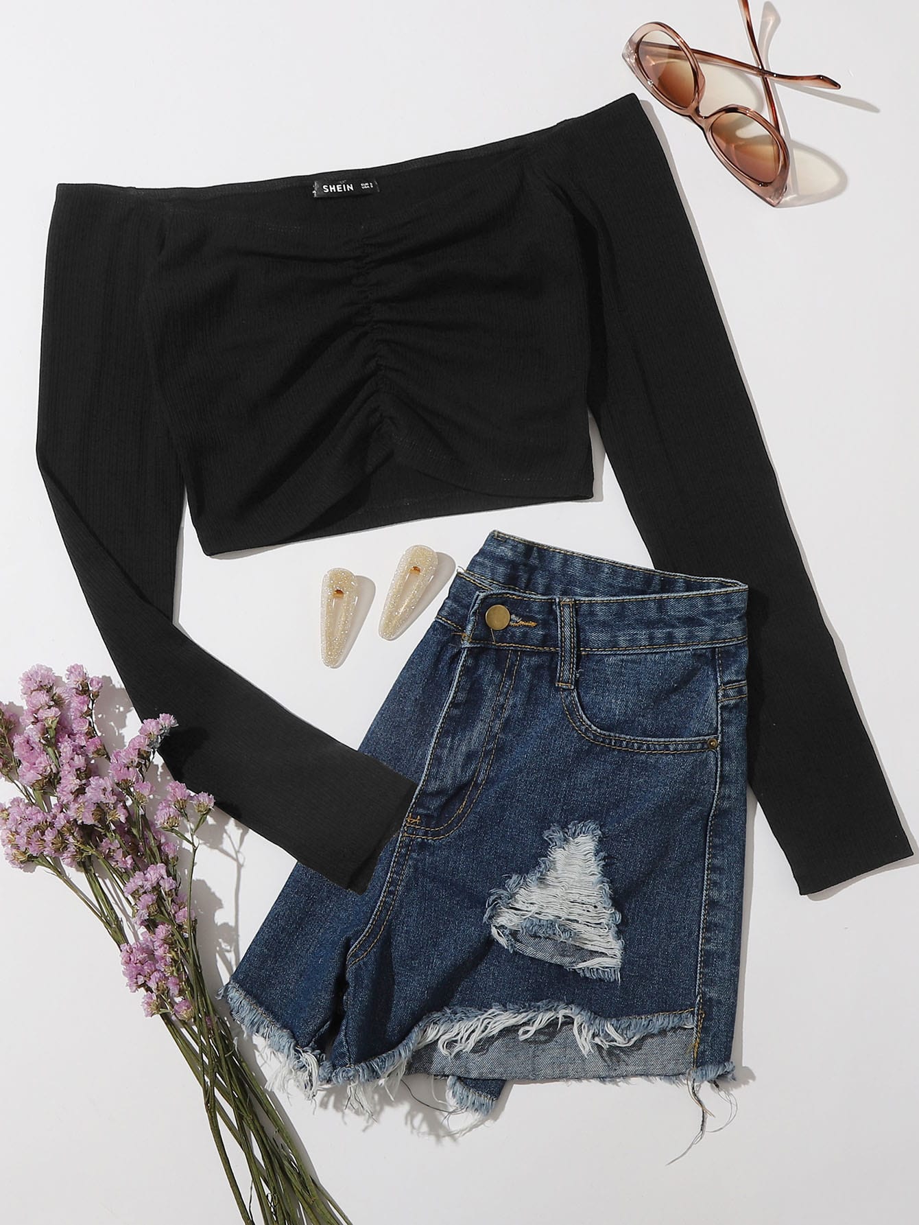 Off Shoulder Ruched Rib-knit Top thumbnail