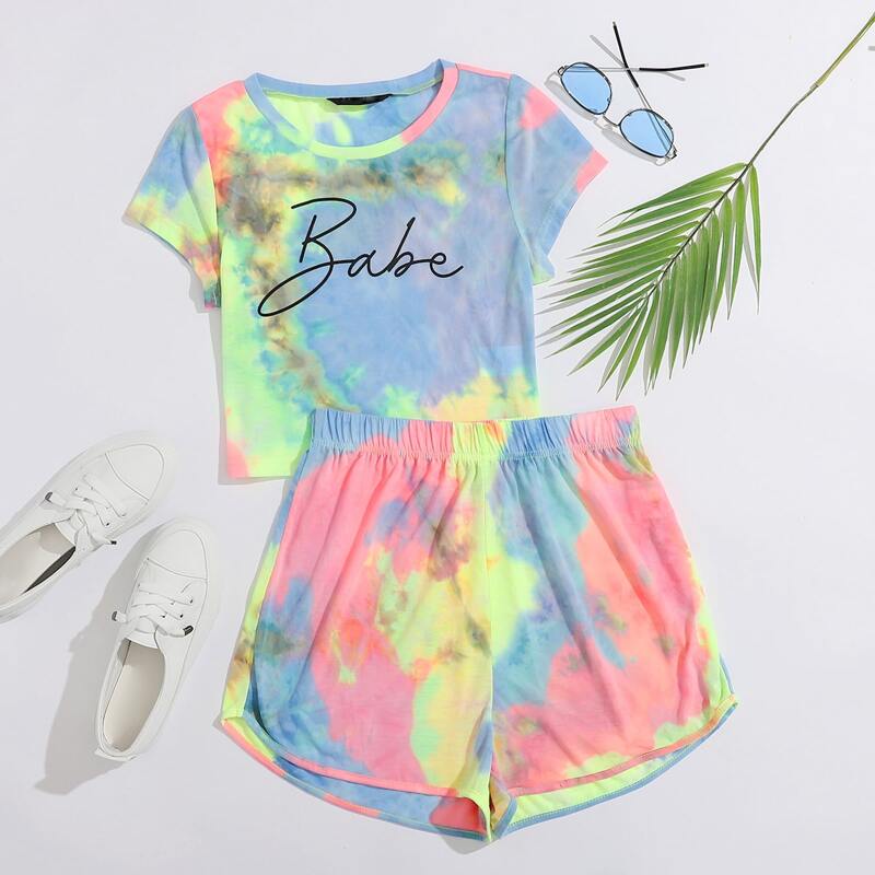 

Tie Dye Letter Graphic Tee & Shorts, Multicolor