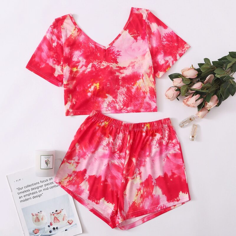 

Tie Dye Twist Reversible Shorts PJ Set, Red