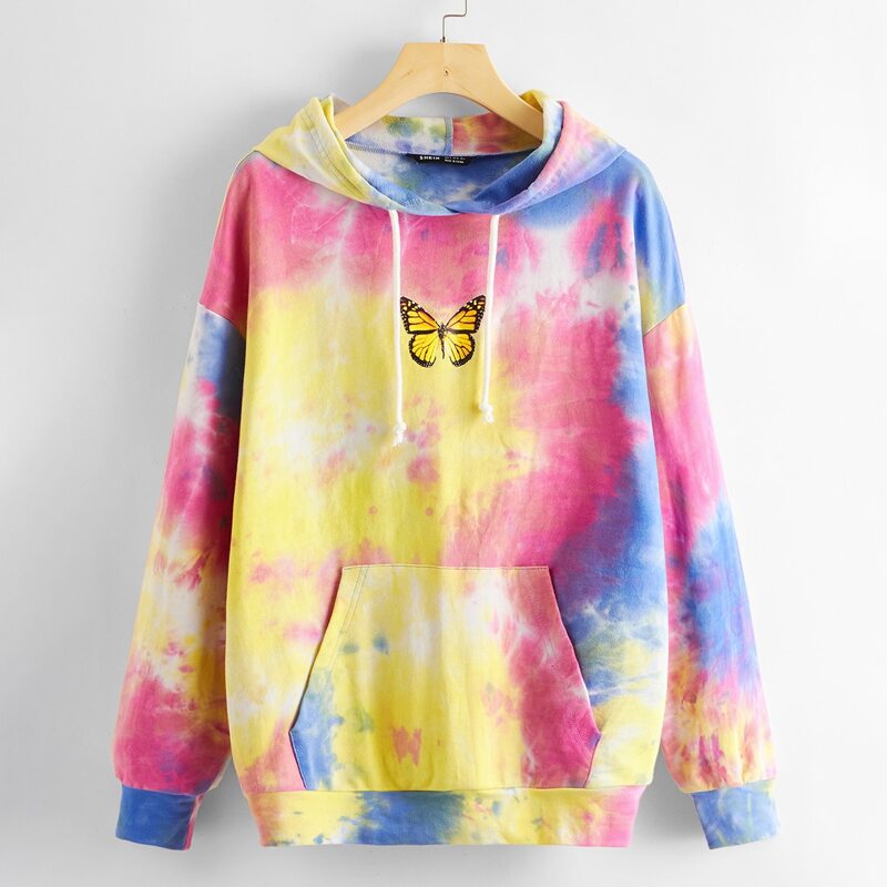 

Butterfly Print Pocket Patched Drop Shoulder Tie Dye Hoodie, Multicolor