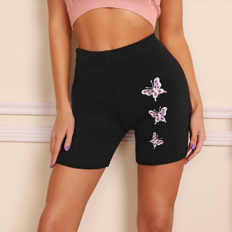 

Butterfly Embroidery Knit Shorts, Black
