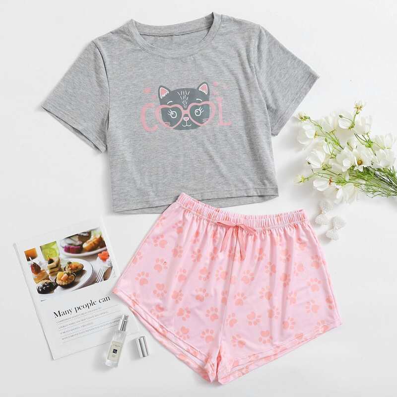 

Cartoon Cat Tee & Shorts PJ Set, Multicolor