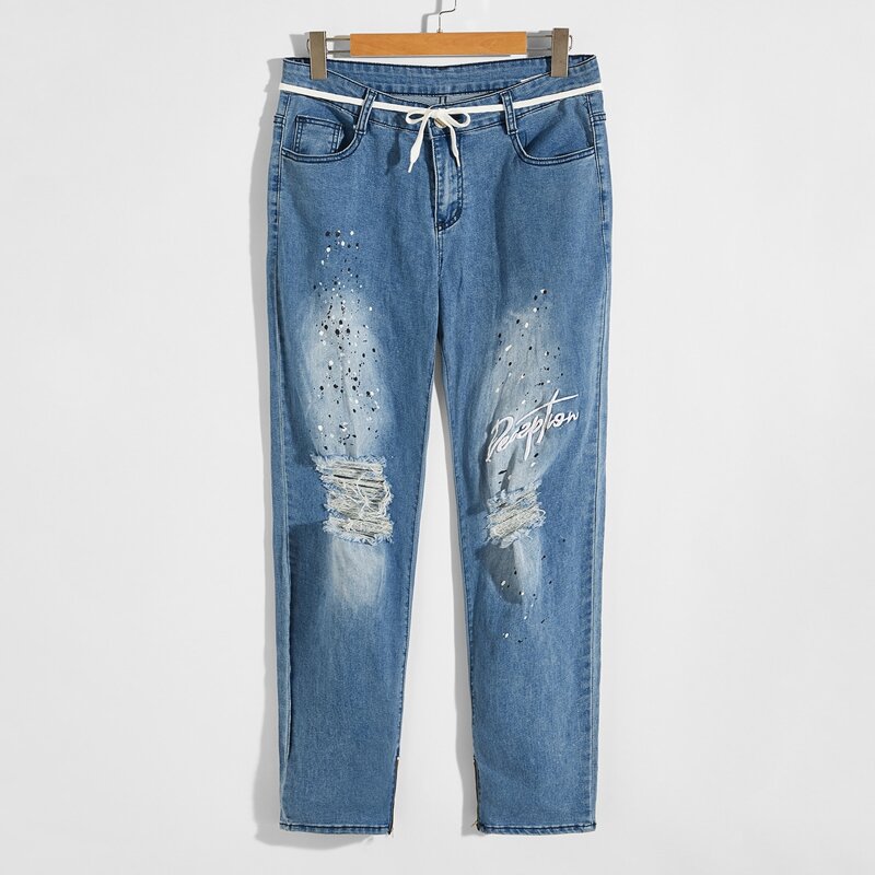 

Guys Letter Print Ripped Jeans, Medium wash